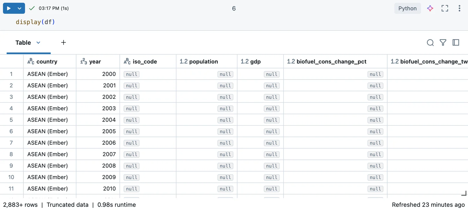 Azure Databricks notebook output table showing column data types and null values in a DataFrame.