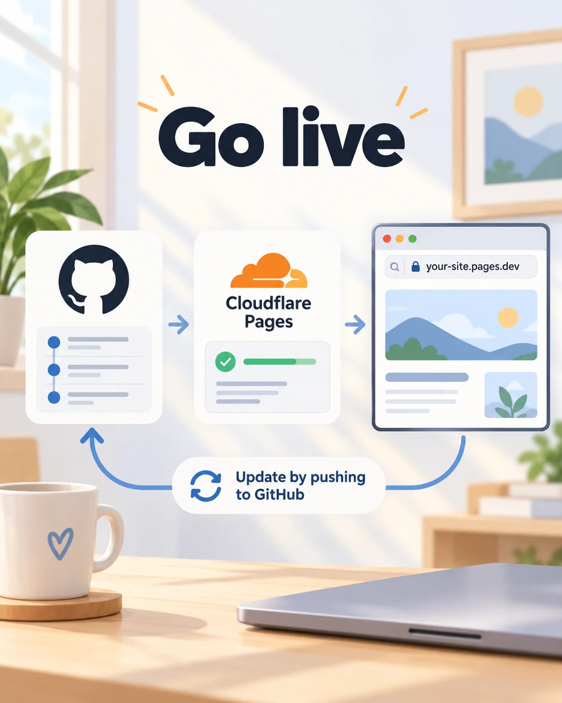 Beginner visual showing the deployment flow from GitHub to Cloudflare Pages to a live page.