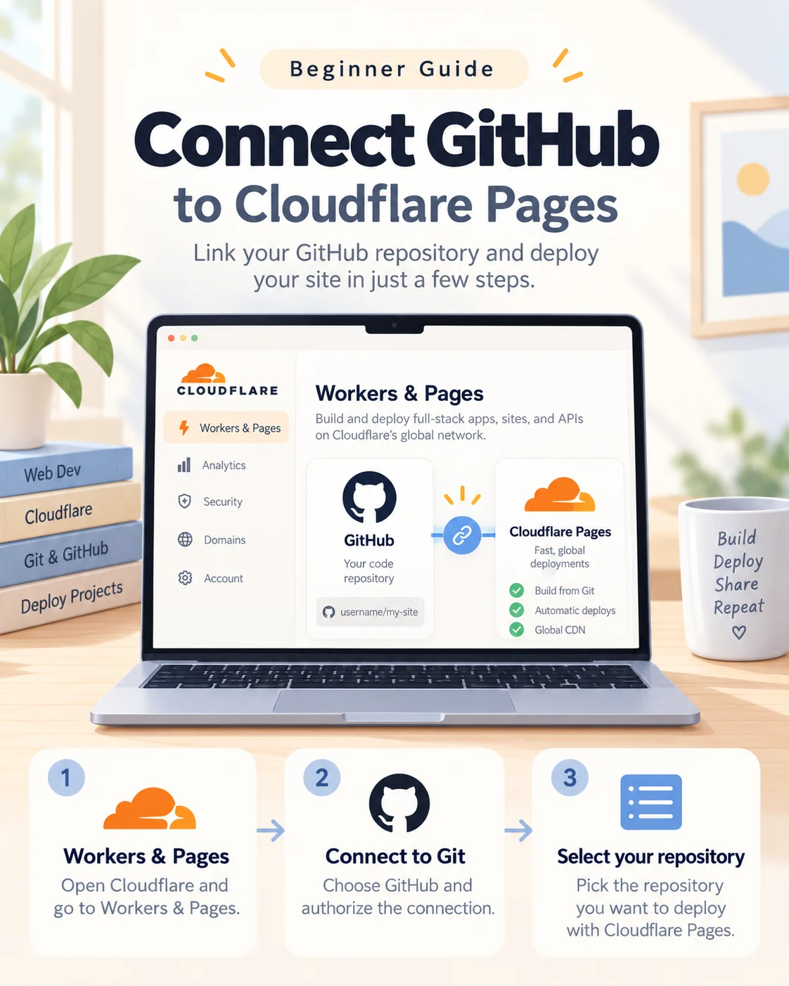 Beginner visual showing a GitHub repository connected to Cloudflare Pages.