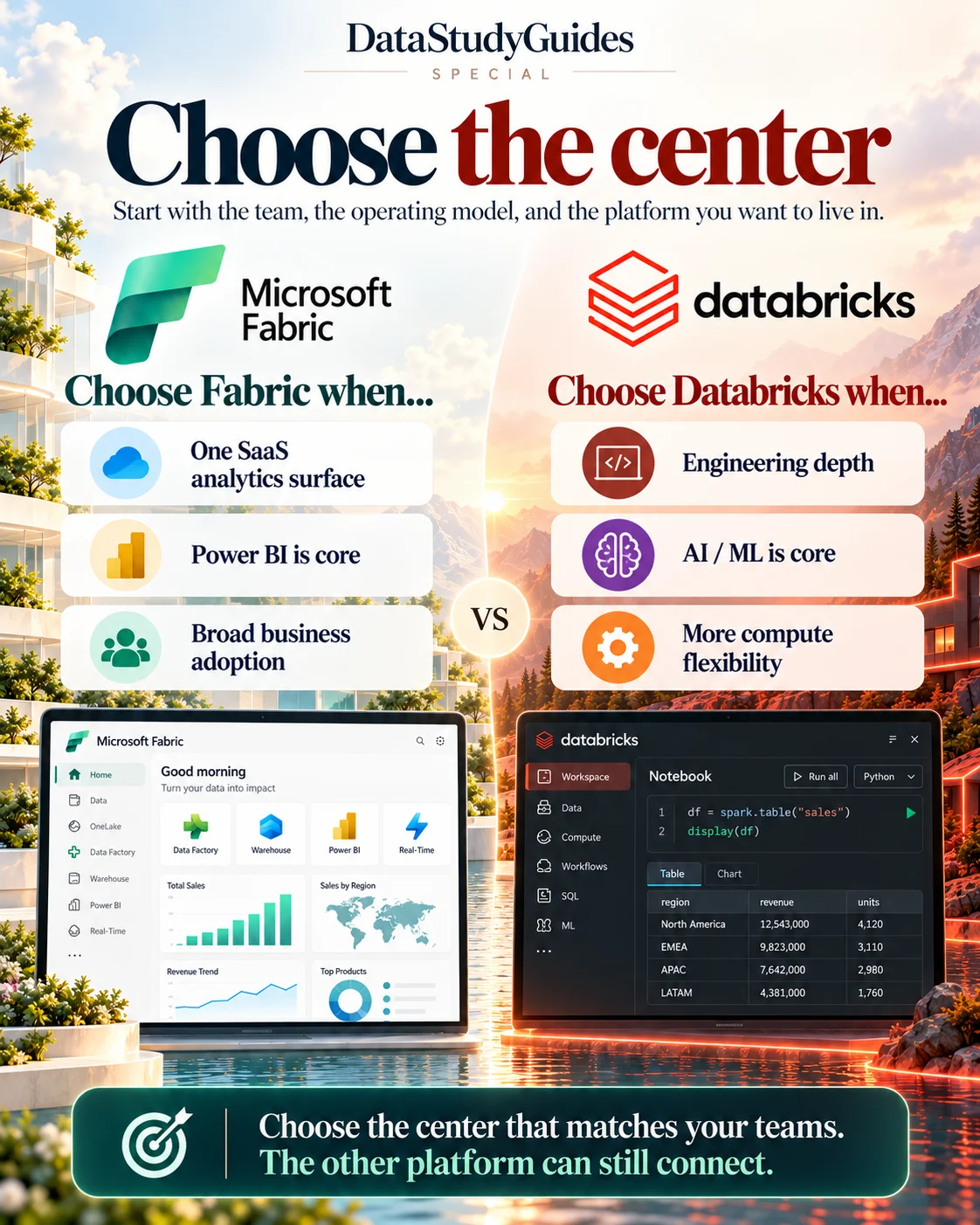 Decision guide for choosing Microsoft Fabric on the left or Databricks on the right.