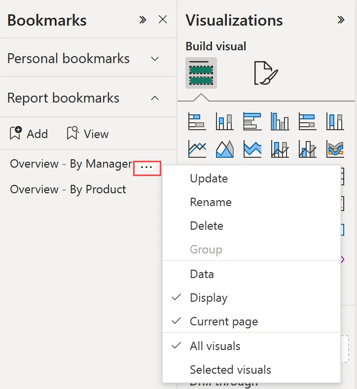 Power BI Bookmarks pane showing bookmark options for Data, Display, Current page, All visuals, and Selected visuals.