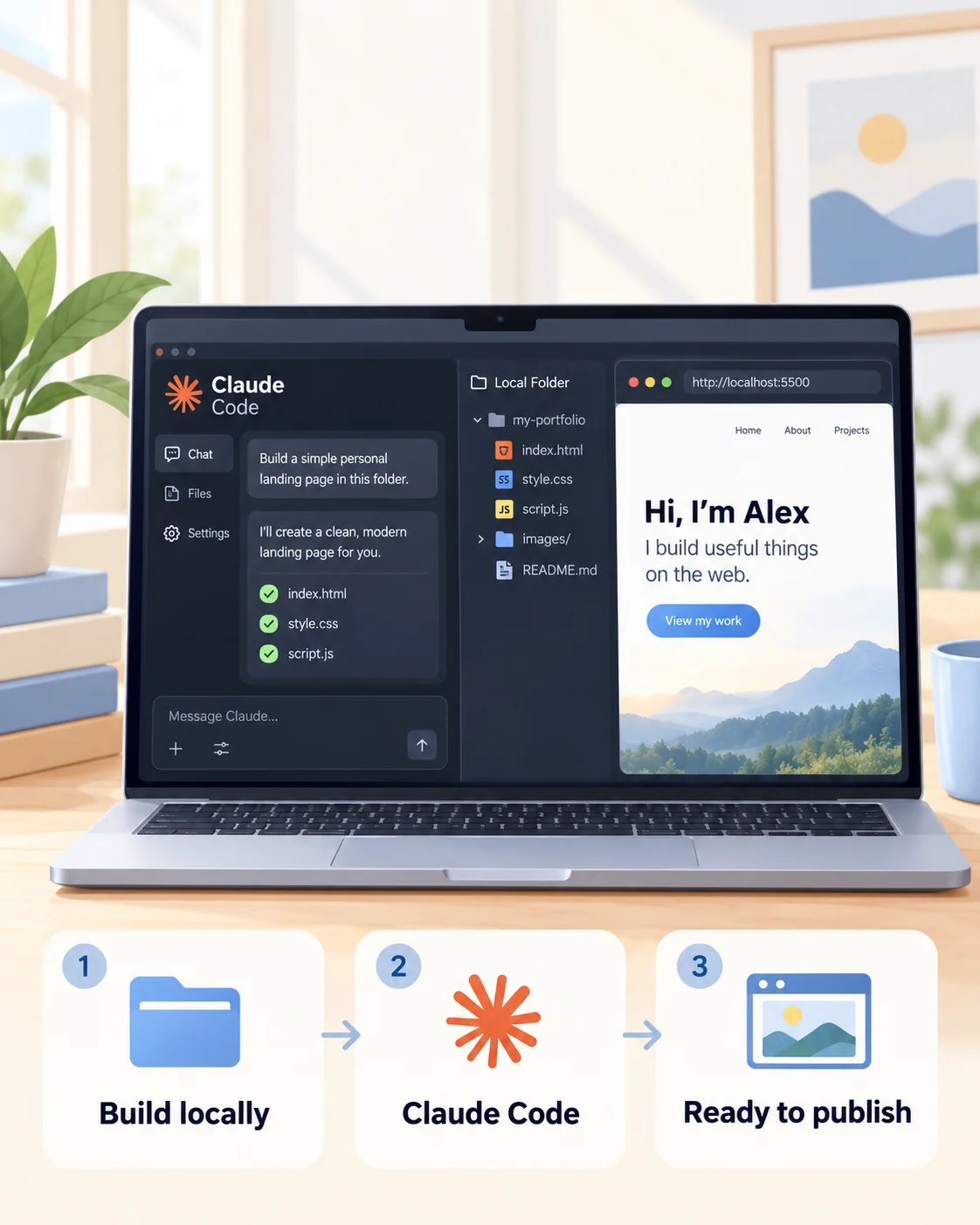 Beginner visual showing a local Claude Code project ready to publish online.