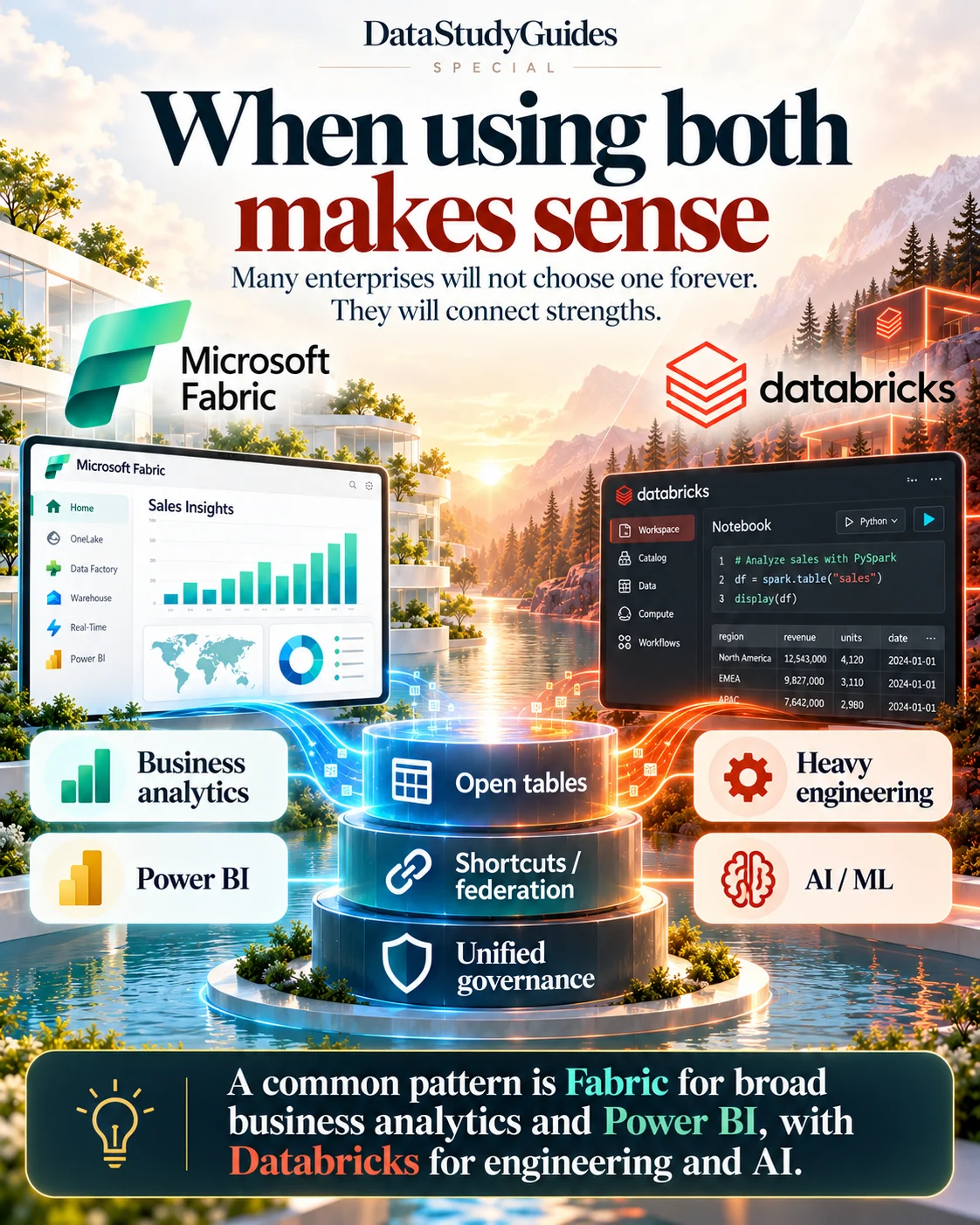 When using both makes sense, with Microsoft Fabric on the left and Databricks on the right connected through open data patterns.
