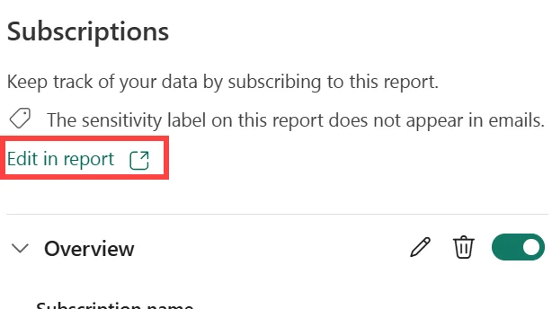 Power BI Subscriptions pane showing a report subscription and its edit controls.