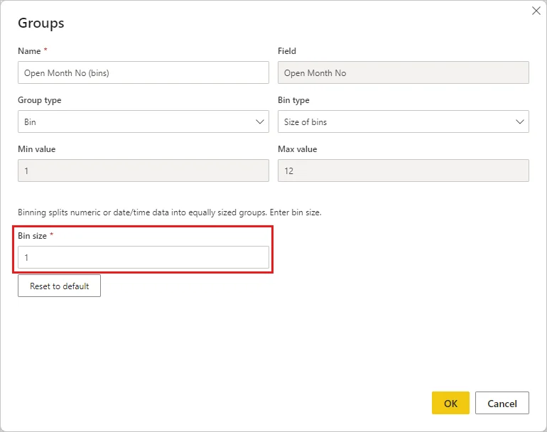 Power BI Groups dialog configured for numeric binning with a bin size.