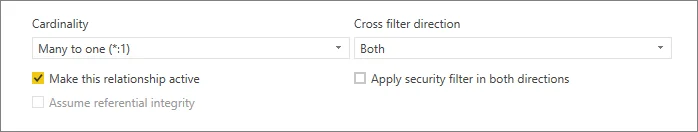 Power BI relationship options showing many-to-one cardinality and Both cross-filter direction.
