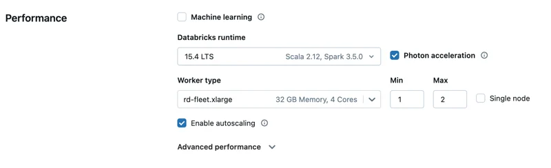 Microsoft Learn screenshot of Azure Databricks compute performance settings including runtime, Photon, worker type, and autoscaling.