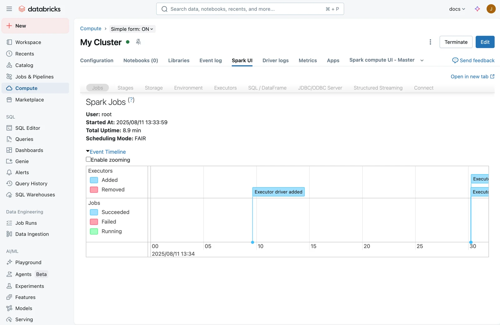Microsoft Learn Azure Databricks Spark UI screen for a running compute resource.