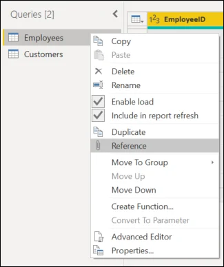 Power Query Queries pane with the Reference command selected.