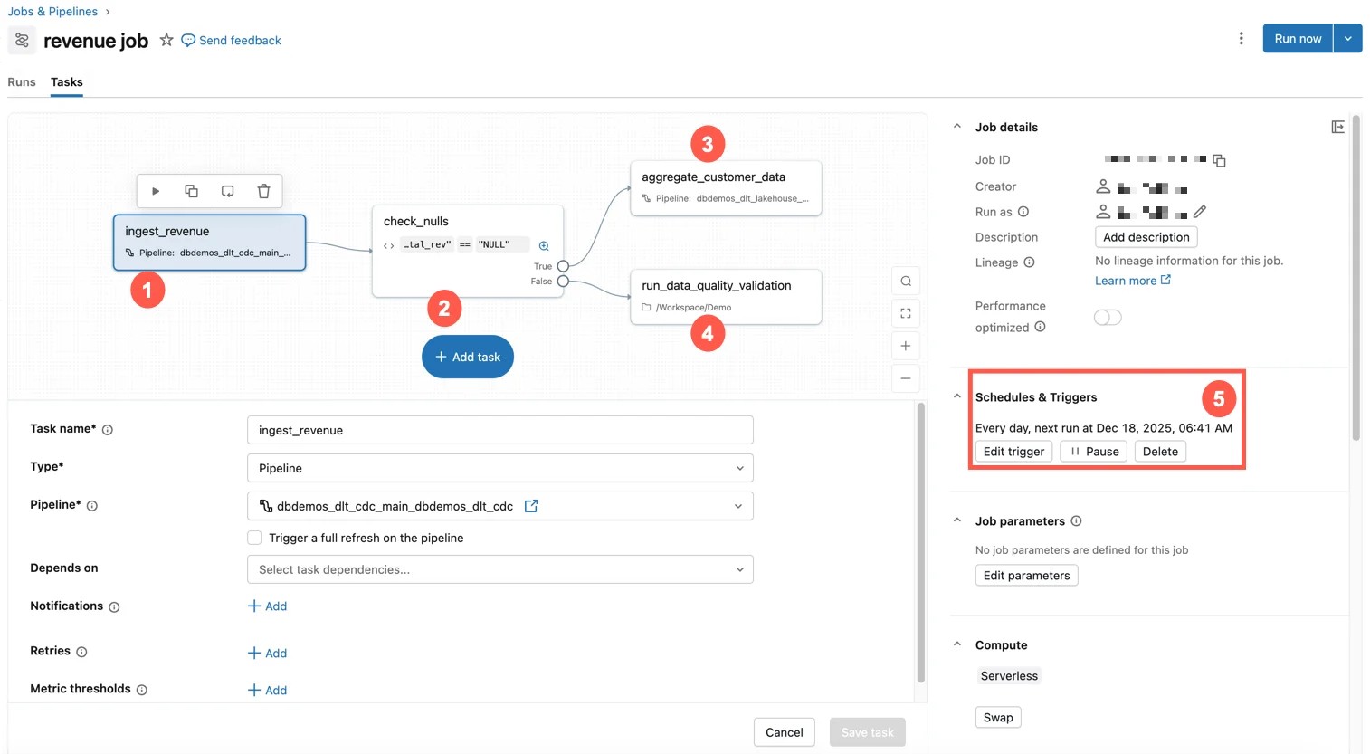 Microsoft Learn Lakeflow Jobs UI showing a multi-task job DAG with branching logic and a scheduled trigger.