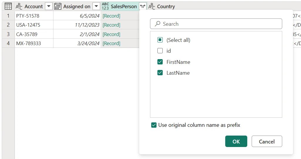 Power Query parsed JSON records with FirstName and LastName selected for expansion into columns.