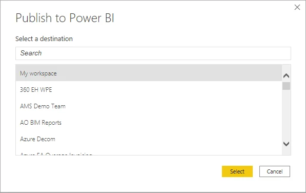 Power BI Desktop Publish to Power BI dialog for choosing a destination workspace.