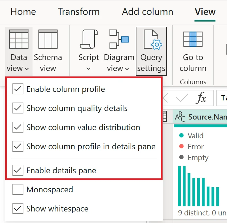 Power Query View menu with column profile, column quality, column distribution and details pane enabled.