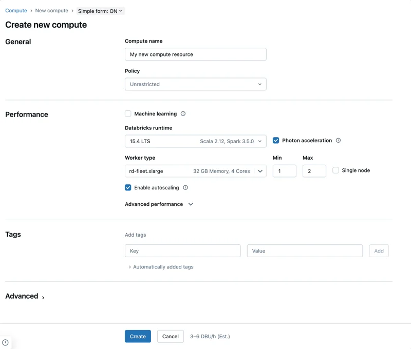 Microsoft Learn screenshot of the Azure Databricks create compute form with runtime, Photon, worker type, and autoscaling settings.